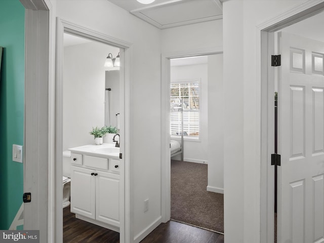 bathroom with vanity and hardwood / wood-style flooring