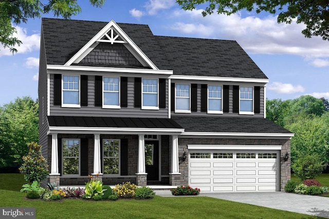 view of front of home with a garage, a front yard, and covered porch