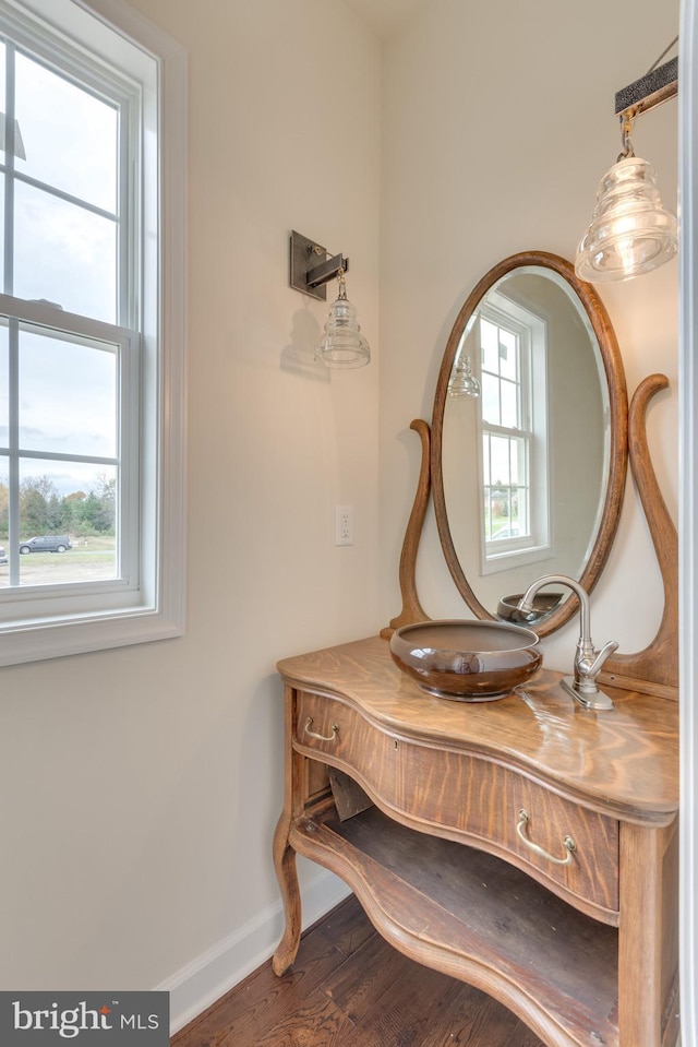 bathroom with hardwood / wood-style flooring and vanity