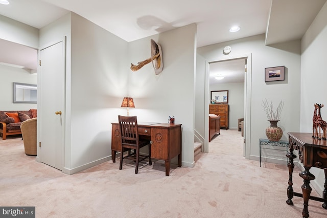 carpeted office featuring recessed lighting and baseboards