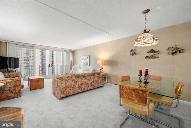 carpeted living room with french doors and a textured ceiling