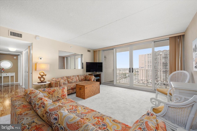 carpeted living room with expansive windows and a textured ceiling