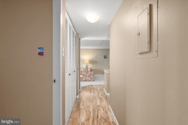 hall featuring electric panel and light wood-type flooring