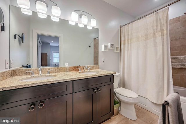 full bathroom with shower / bathtub combination with curtain, vanity, toilet, and tile patterned flooring