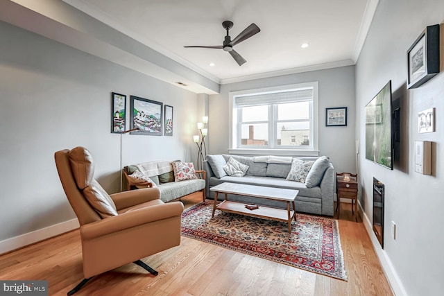 living room featuring crown molding, ceiling fan, and light wood-type flooring