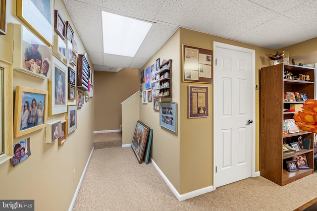 hall with carpet floors and a drop ceiling