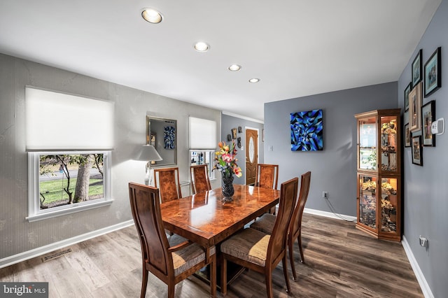 dining space with hardwood / wood-style floors