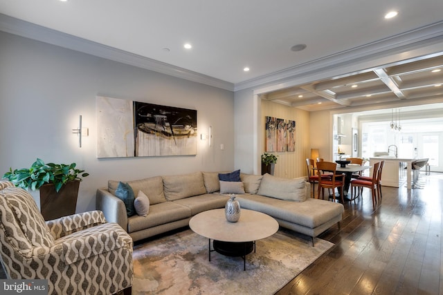 living area featuring recessed lighting, coffered ceiling, ornamental molding, beam ceiling, and dark wood-style floors