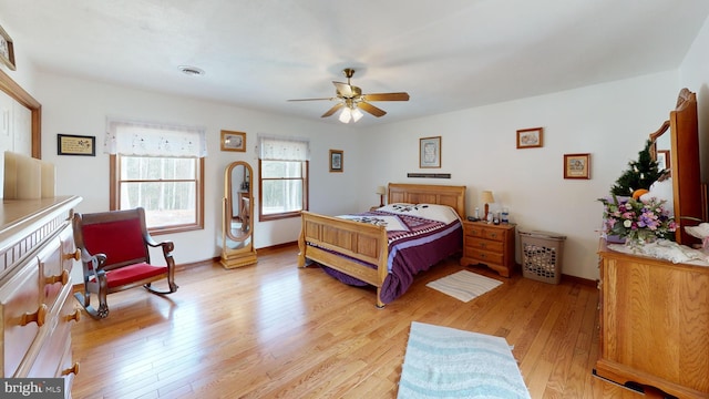 bedroom featuring a ceiling fan, light wood-style flooring, visible vents, and baseboards