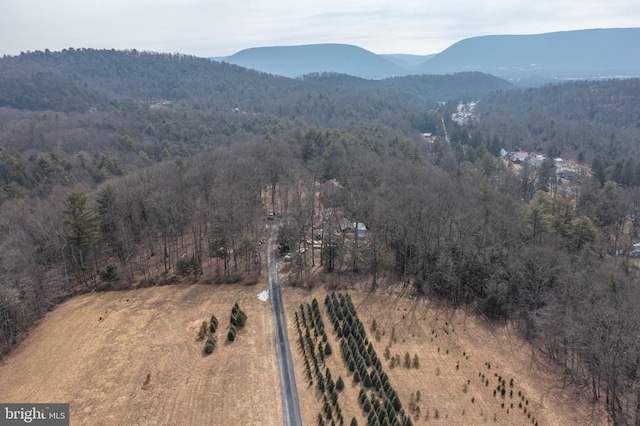 aerial view with a mountain view and a wooded view