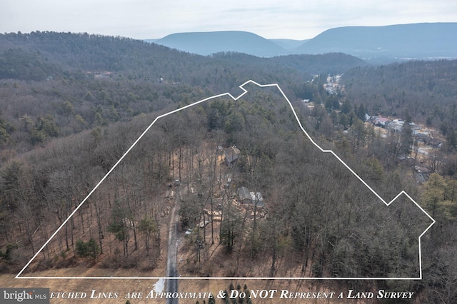 birds eye view of property featuring a mountain view and a wooded view