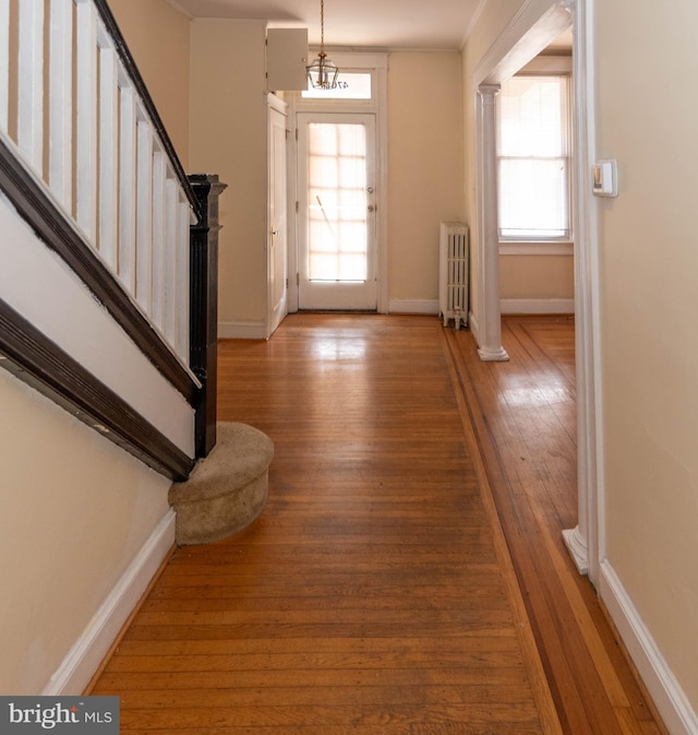 entrance foyer featuring plenty of natural light, radiator, hardwood / wood-style floors, and a chandelier