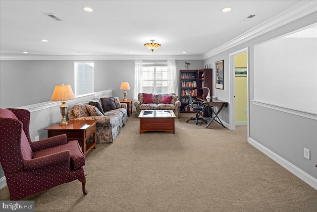 living room featuring crown molding and light colored carpet