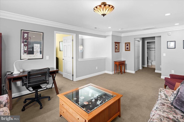 carpeted home office featuring ornamental molding