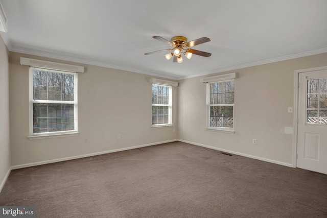 spare room with crown molding, ceiling fan, and carpet