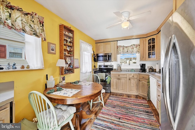 kitchen with ceiling fan, appliances with stainless steel finishes, dark hardwood / wood-style flooring, and light brown cabinetry