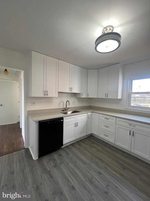 kitchen with white cabinetry, sink, dark hardwood / wood-style floors, and dishwasher