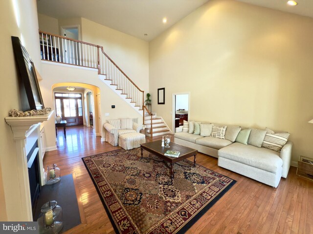 living room featuring hardwood / wood-style flooring and a high ceiling