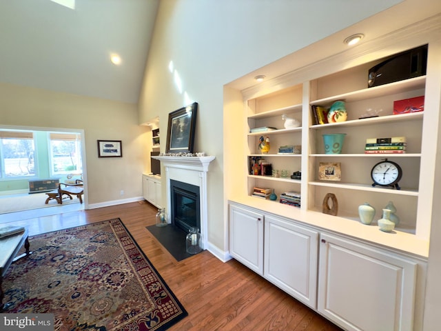 living room featuring dark wood-type flooring and high vaulted ceiling