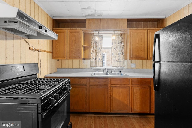 kitchen featuring sink, light hardwood / wood-style floors, and black appliances