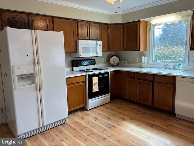 kitchen featuring white appliances, light wood-style flooring, ornamental molding, light countertops, and a sink