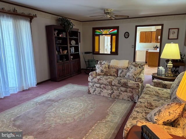 living room featuring a healthy amount of sunlight, ceiling fan, crown molding, and light colored carpet