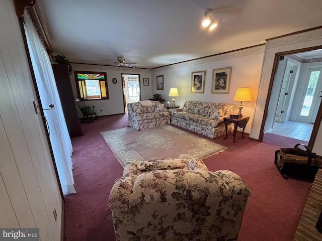 carpeted living room featuring ornamental molding, a wealth of natural light, and a ceiling fan