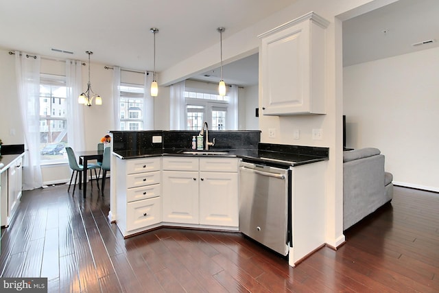 kitchen featuring white cabinetry, sink, decorative light fixtures, and stainless steel dishwasher