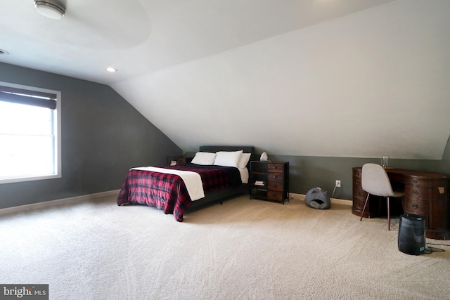 bedroom featuring recessed lighting, visible vents, baseboards, vaulted ceiling, and carpet