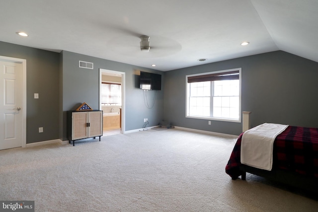 bedroom with recessed lighting, visible vents, light carpet, vaulted ceiling, and baseboards