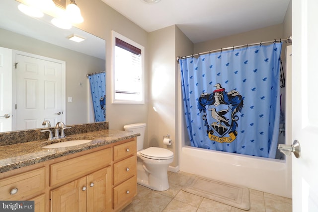 bathroom with toilet, tile patterned flooring, vanity, and shower / bathtub combination with curtain