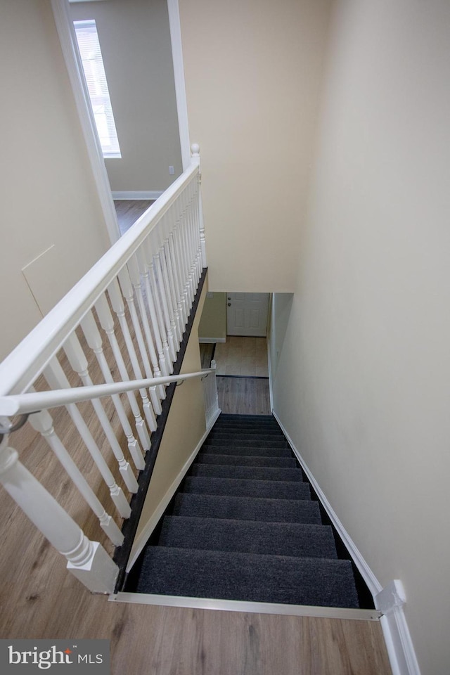 stairs with hardwood / wood-style flooring