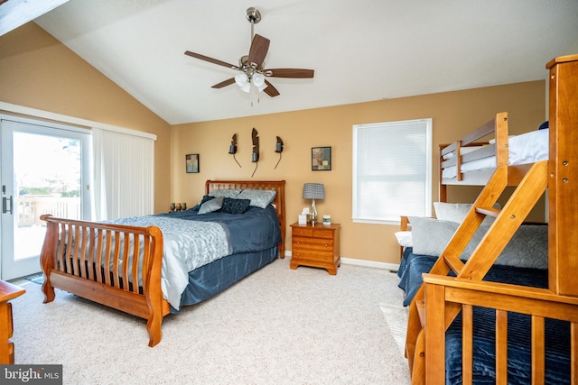 bedroom featuring vaulted ceiling, ceiling fan, access to exterior, and carpet floors