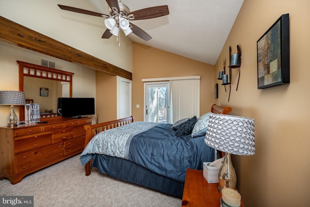 bedroom featuring lofted ceiling, carpet flooring, access to exterior, and ceiling fan