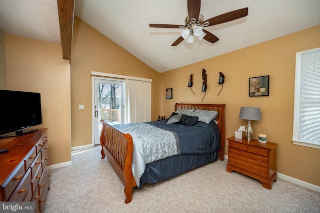 bedroom with ceiling fan, light colored carpet, lofted ceiling, and access to outside