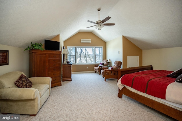 carpeted bedroom with ceiling fan, lofted ceiling, and a textured ceiling