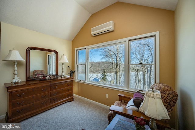 sitting room with light carpet, vaulted ceiling, and a wall mounted AC