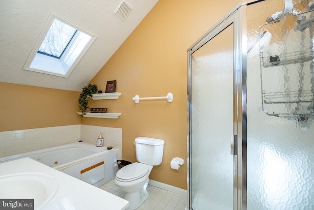 full bathroom with toilet, tile patterned floors, plus walk in shower, and vaulted ceiling with skylight