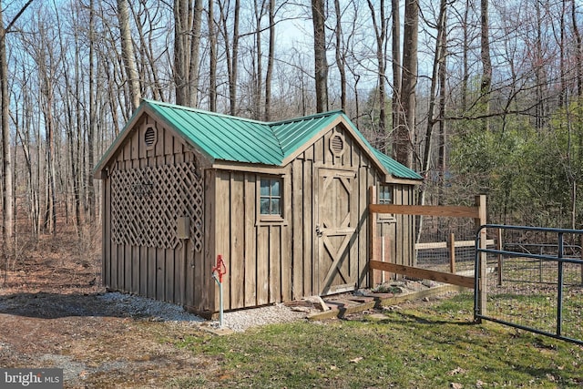 view of shed with a gate and fence