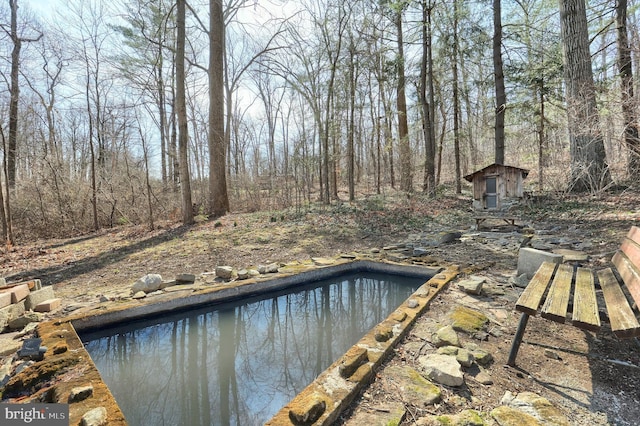 view of swimming pool featuring a storage unit and an outbuilding