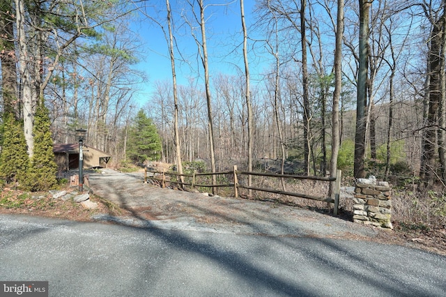 view of street with aphalt driveway and a wooded view