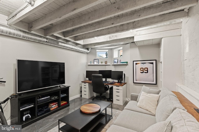 living room featuring beam ceiling