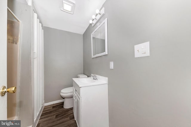 bathroom featuring vanity, wood-type flooring, toilet, and a shower with shower curtain