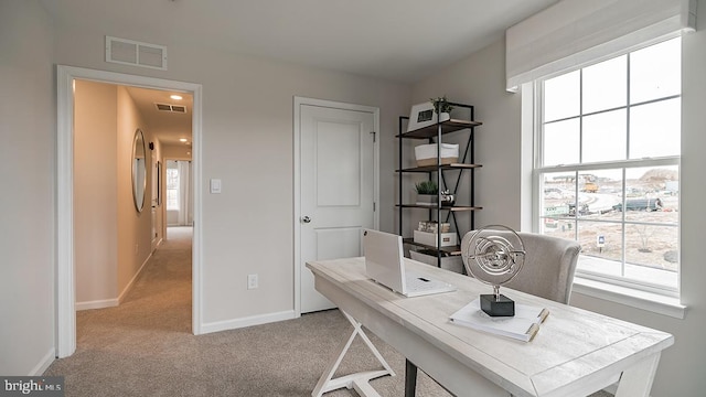 home office with light colored carpet