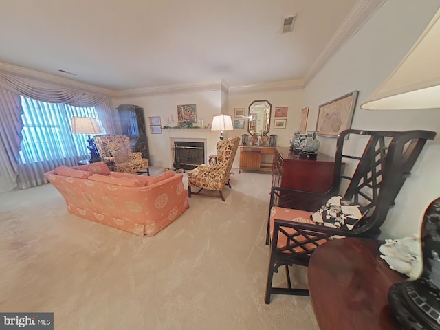 living room with light colored carpet and ornamental molding