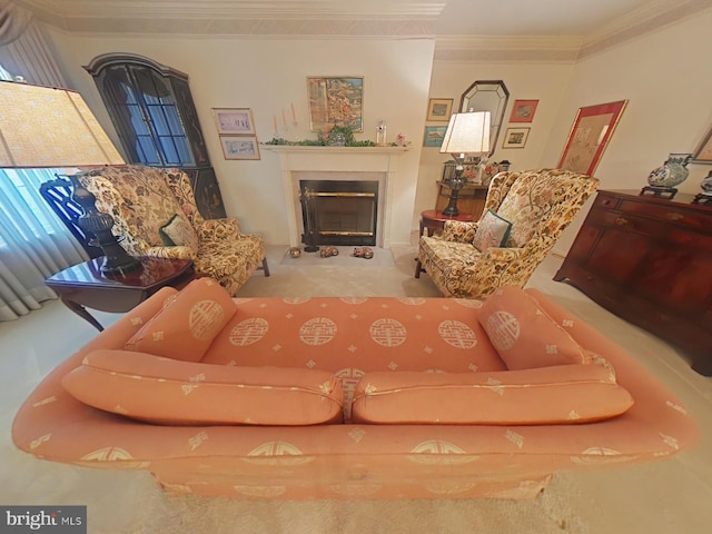 living room featuring crown molding and light carpet