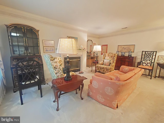 carpeted living room with crown molding