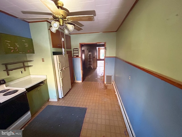 kitchen featuring crown molding, range with electric stovetop, white fridge, ceiling fan, and a baseboard heating unit