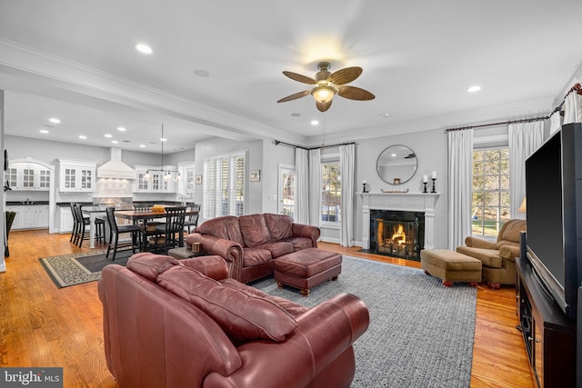 living room featuring a premium fireplace, a healthy amount of sunlight, ceiling fan, and light hardwood / wood-style floors