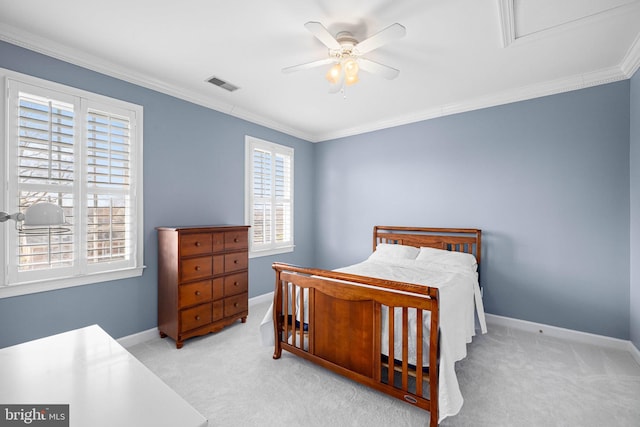 bedroom featuring light carpet, crown molding, and ceiling fan